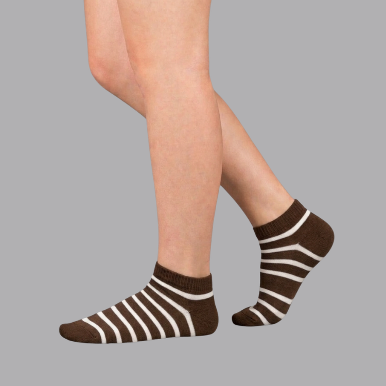 Ankle Stripes Socks - Dark Brown / White Free Size